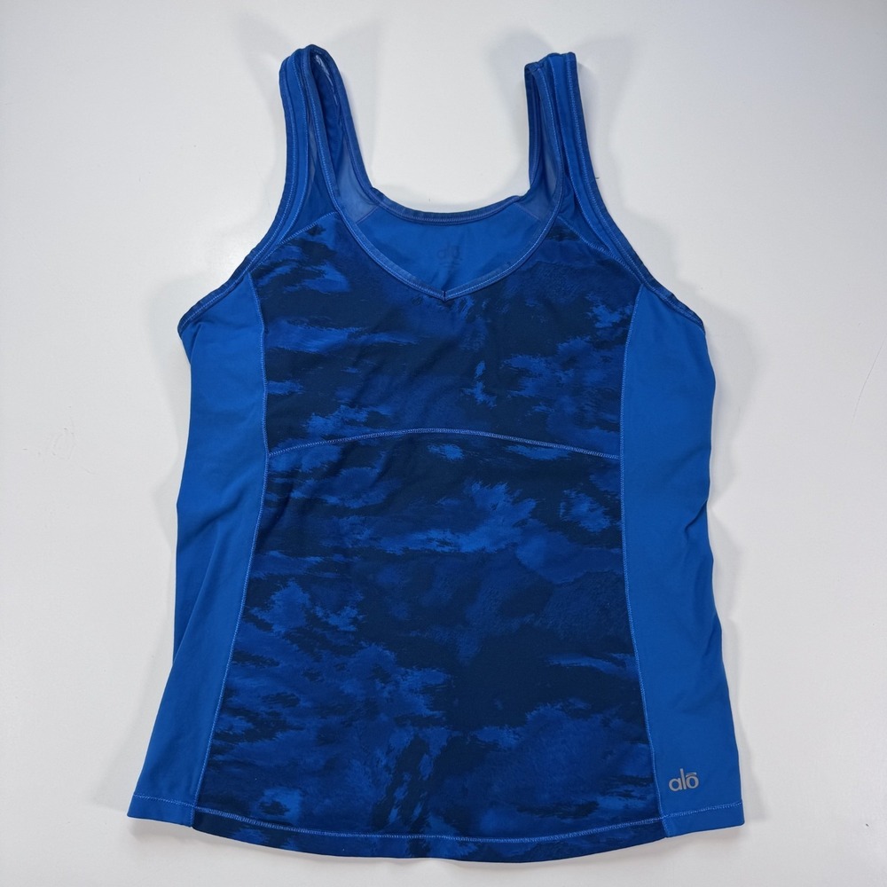 ALO Tank Top Stretch Mesh Racerback V Neck Shelf Bra Womens XL Teal Blue